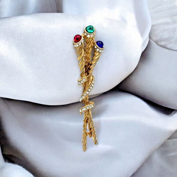 Vintage Gripoix Brooch Royal Scepter Ornamented Staff Red Green Blue Jeweled Pin - Picture 10 of 10
